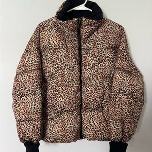Brown and Black Leopard Print Puffer Coat